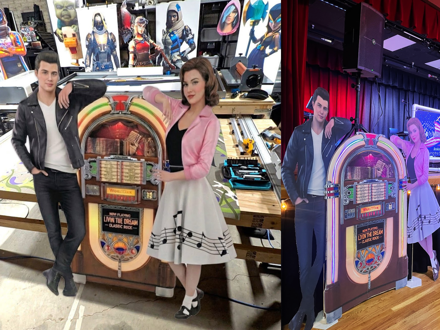 Live music venue cutout with animated LED lighting in the jukebox.